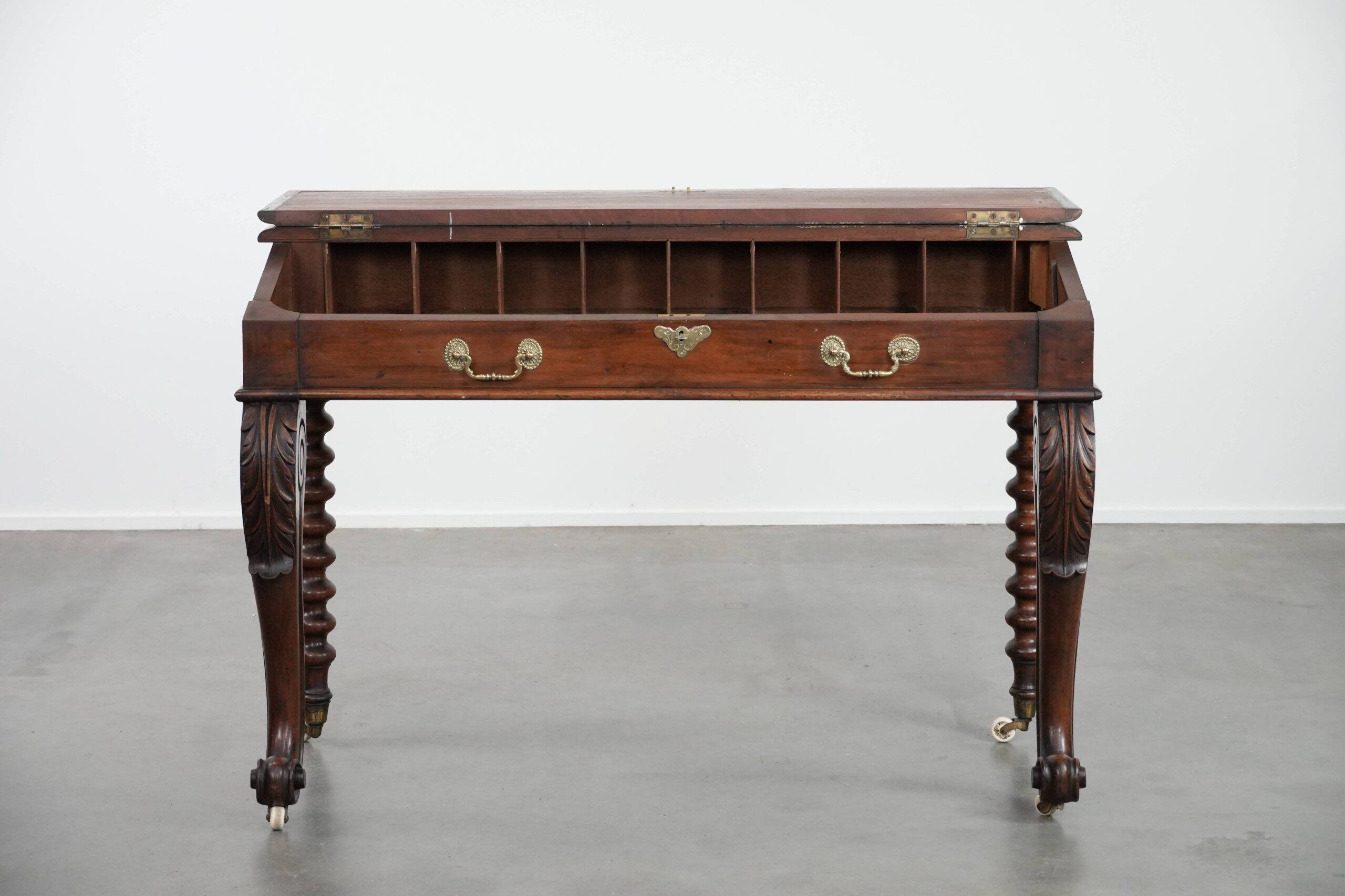 19th century English antique oak wall desk/writing table on wheels