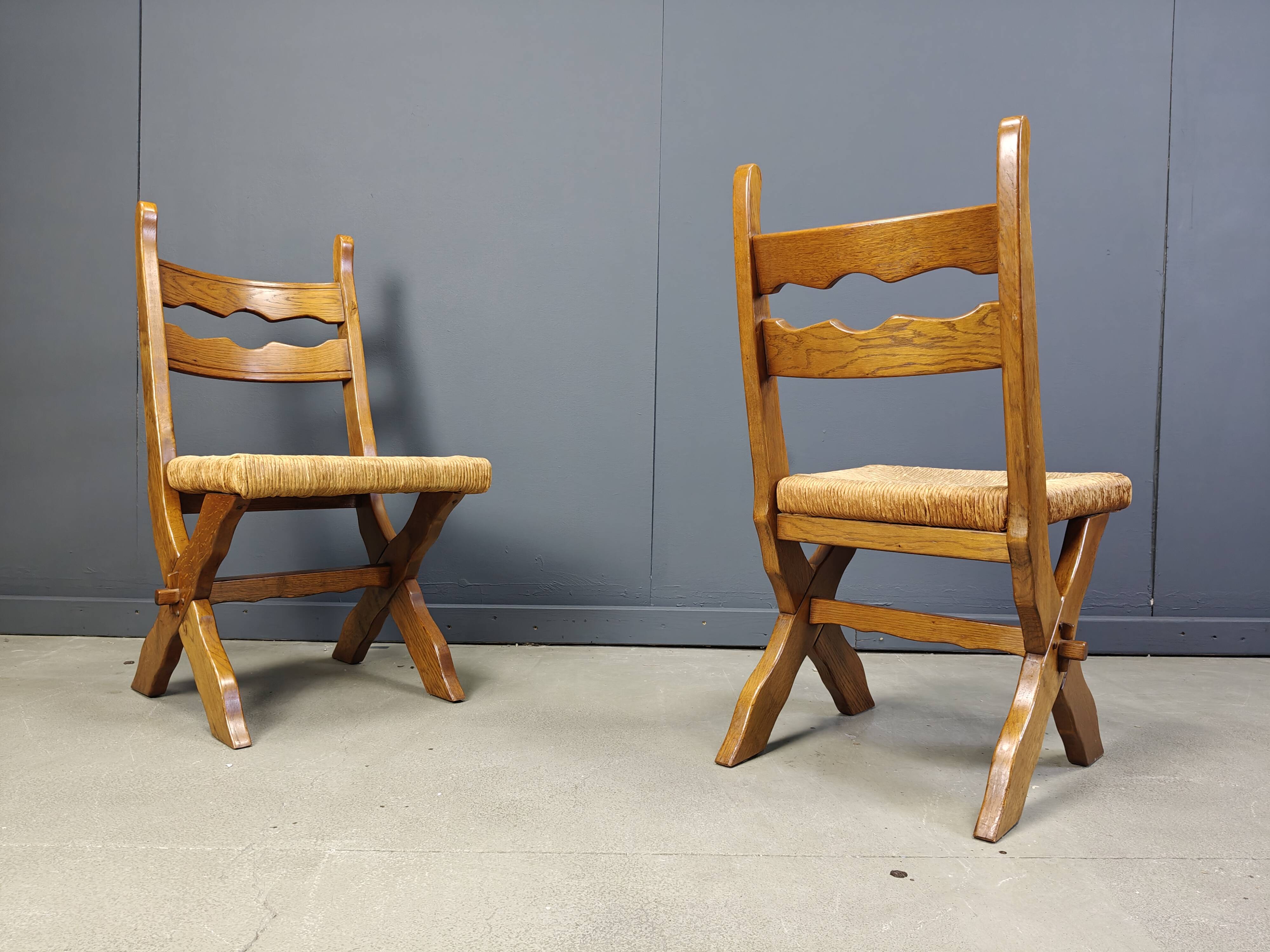 Vintage oak and wicker brutalist chairs, 1960s - set of 6