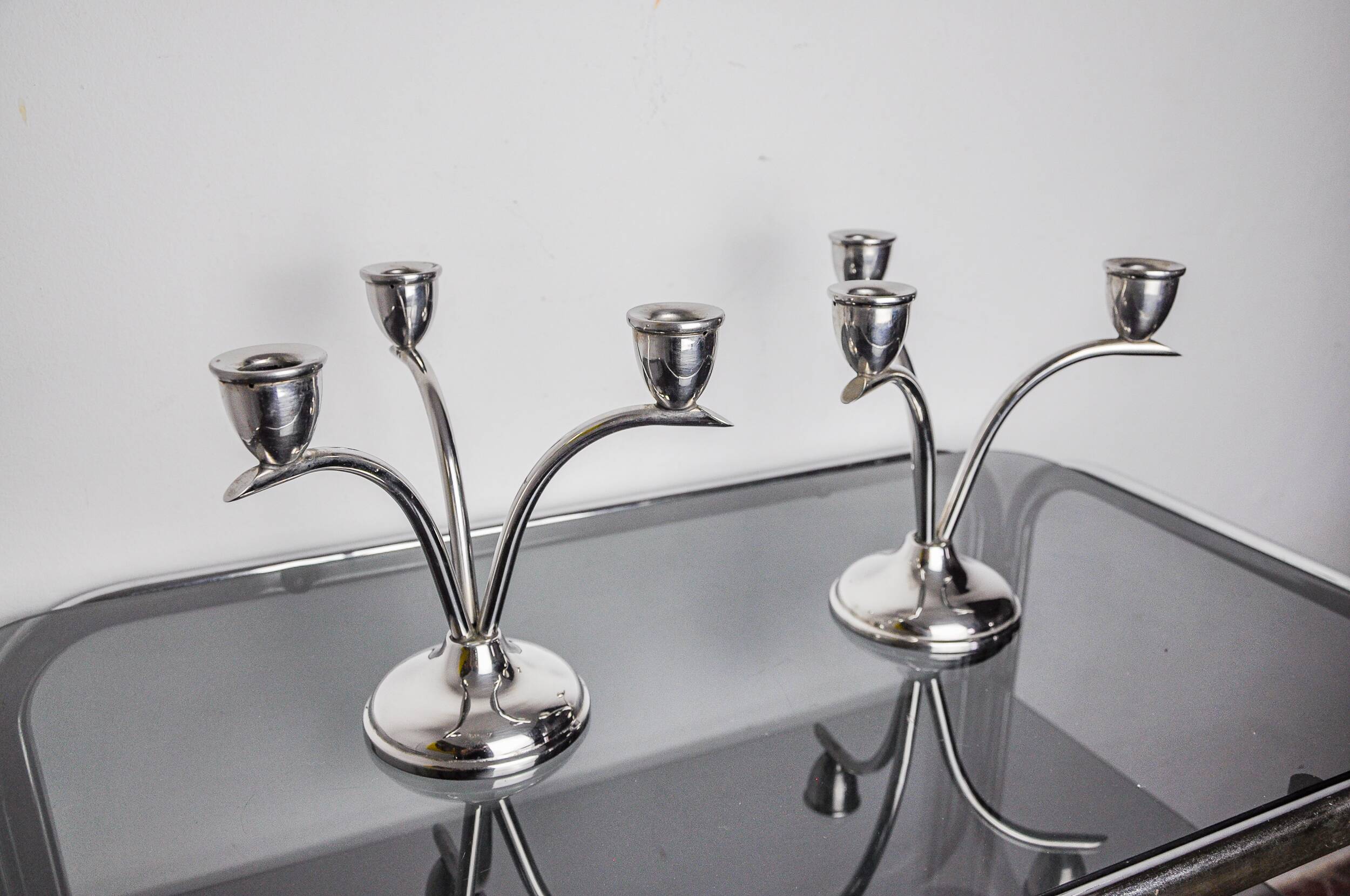 Pair of art deco stainless steel 3-flame candlesticks, Spain, 1970