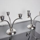 Pair of art deco stainless steel 3-flame candlesticks, Spain, 1970