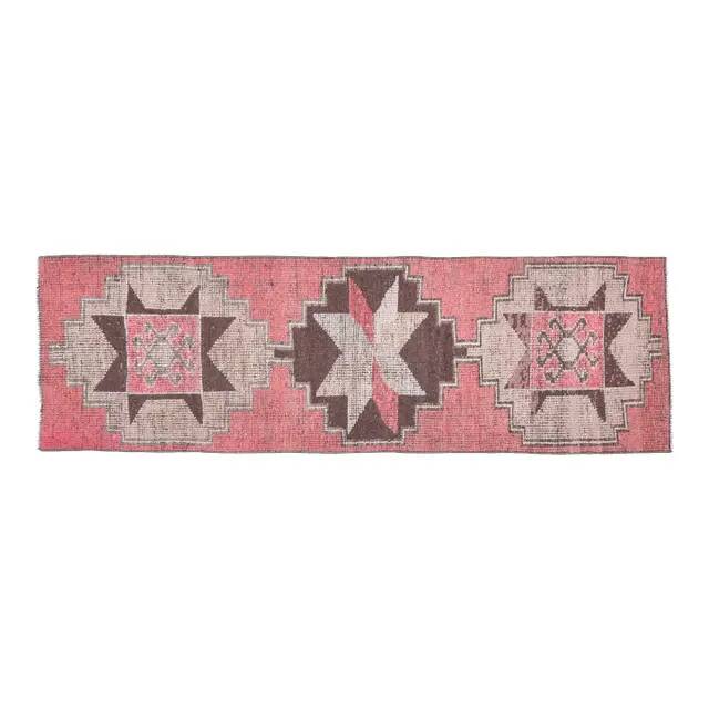 1970s Vintage Turkish Oushak Handmade Wool Cotton Pink Runner Rug 89x279