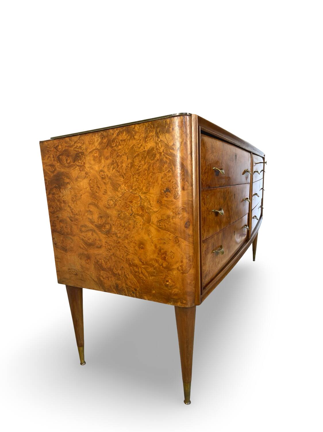 Veneered burl walnut chest of drawers with light warm brown glass top