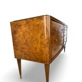 Veneered burl walnut chest of drawers with light warm brown glass top