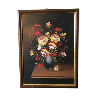 Painting flowers on brown background and golden frame