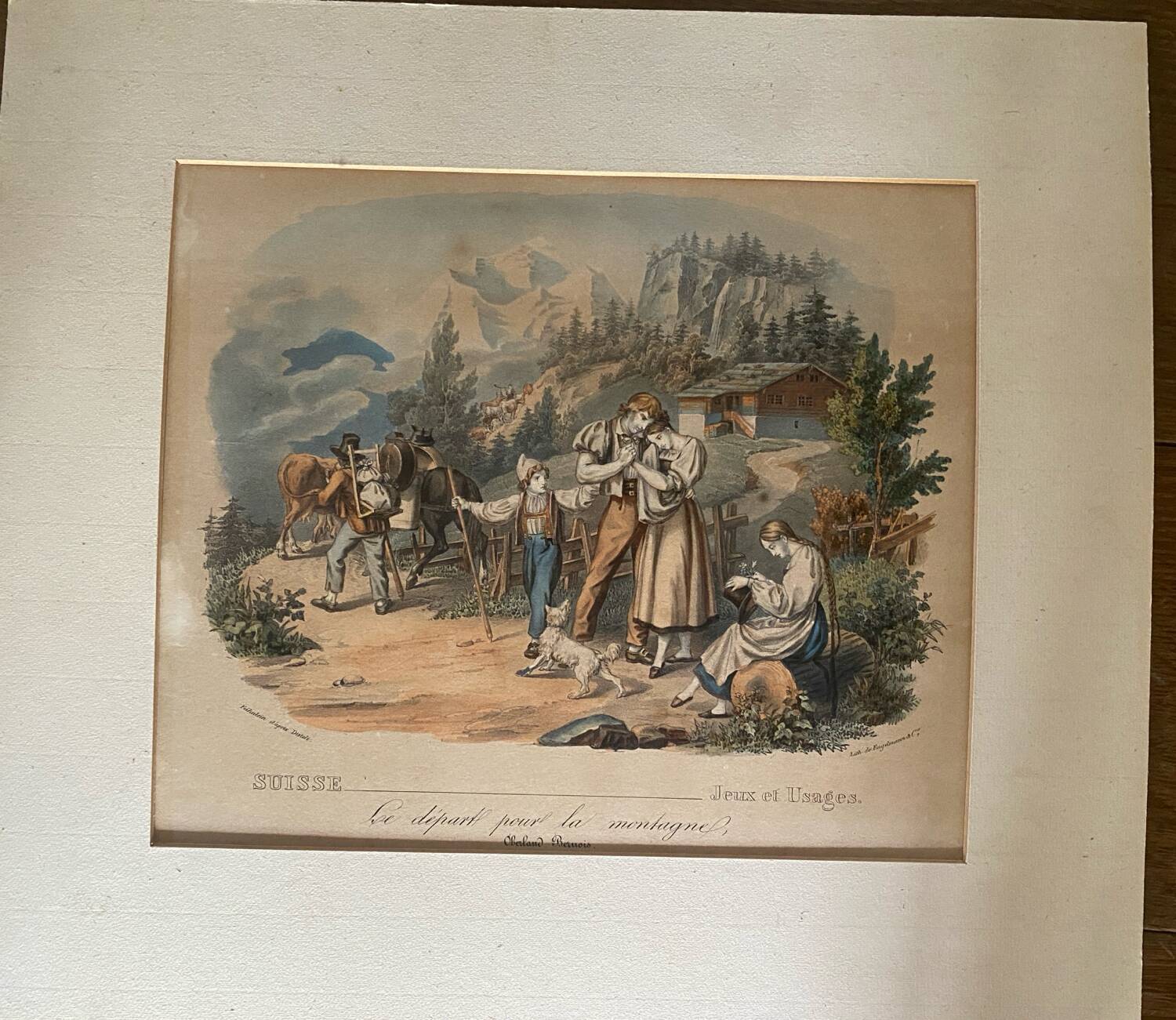 Grande gravure ancienne suisse « le départ pour la montagne »