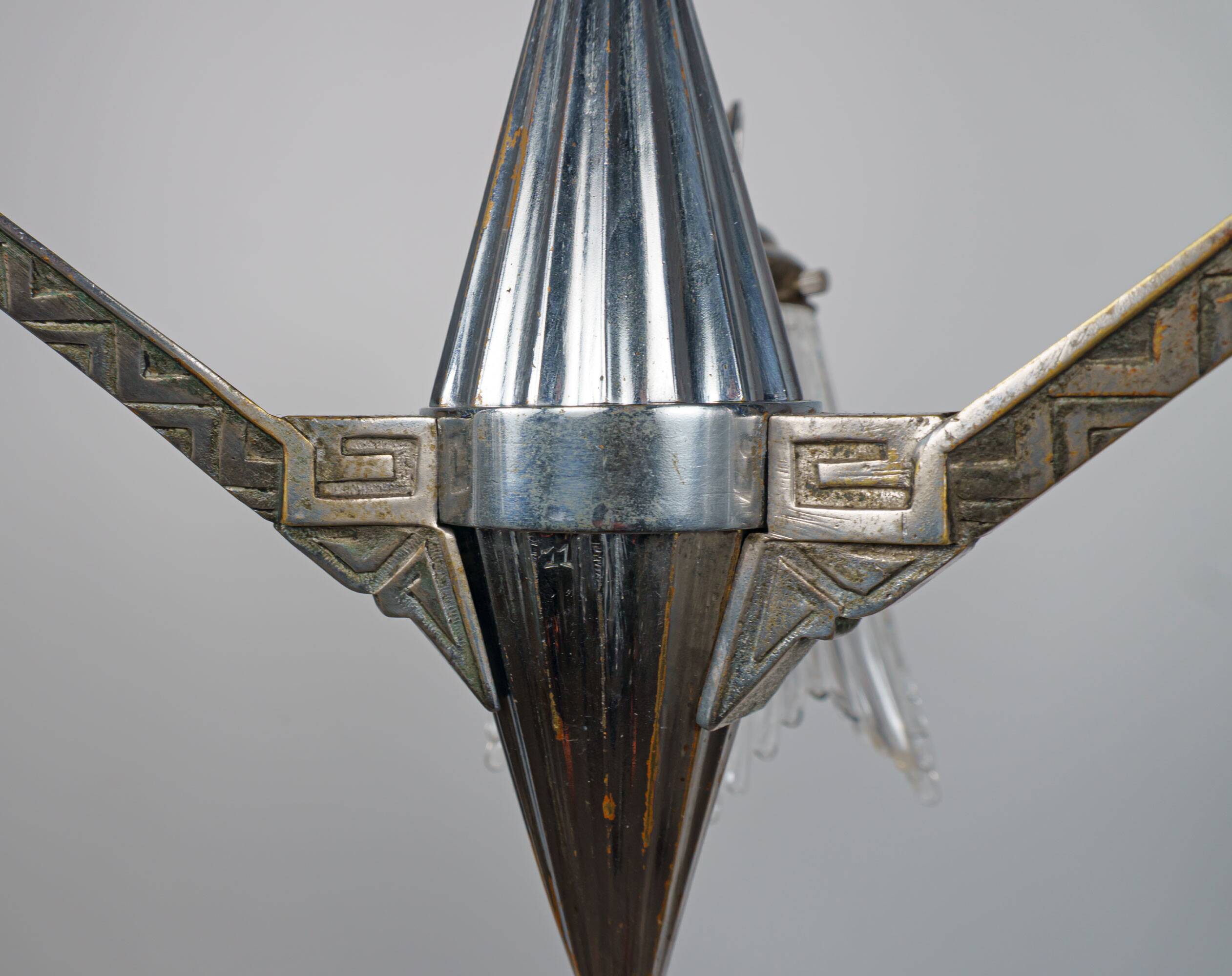 1930s French Art Deco Chrome Chandelier with Prismatic Glass Shades