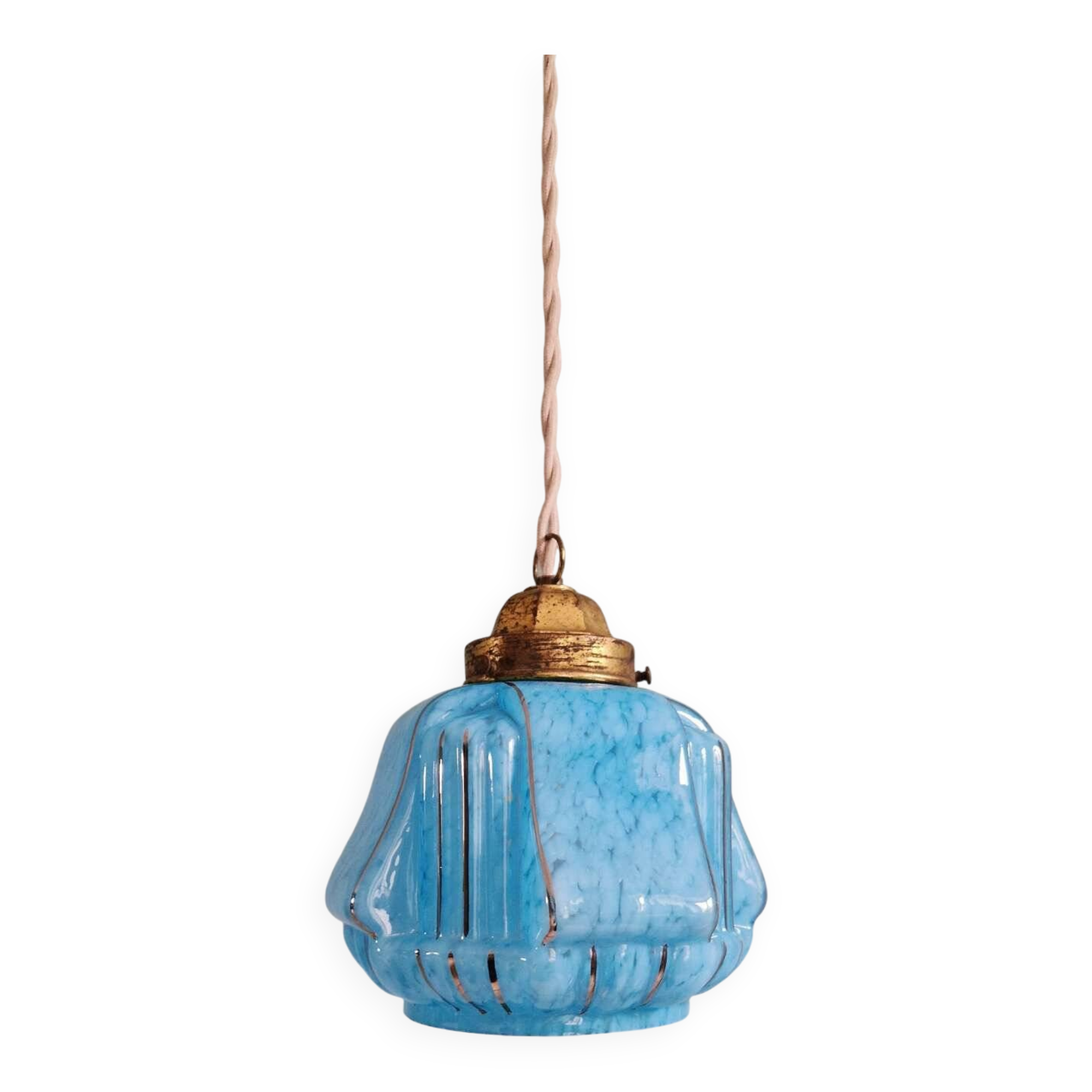 Suspension art déco en verre moucheté bleu, années 1920-30