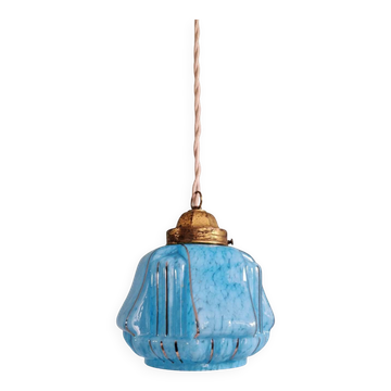 Suspension art déco en verre moucheté bleu, années 1920-30