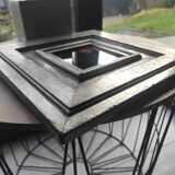Vintage square mirror in wood covered with metal leaf, moldings in relief
