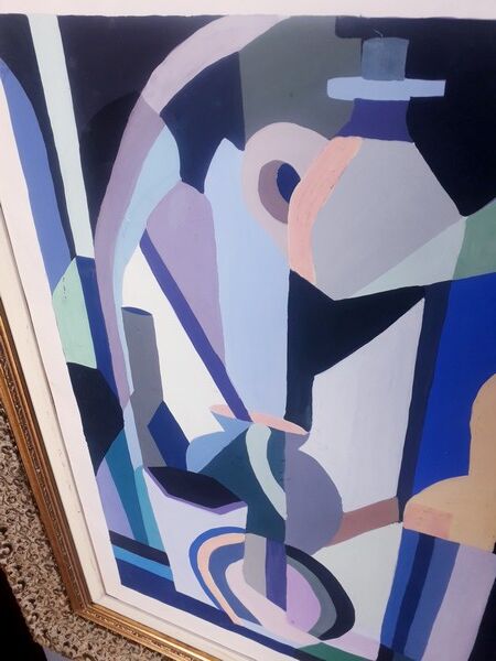 Cubist gouache painting, still life, anonymous 1970