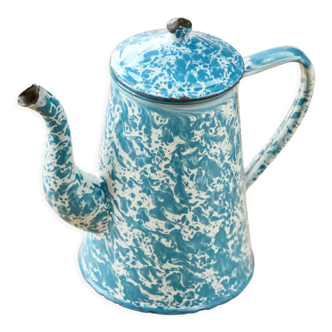 Cafetière émaillée marbré bleu vintage année 1930