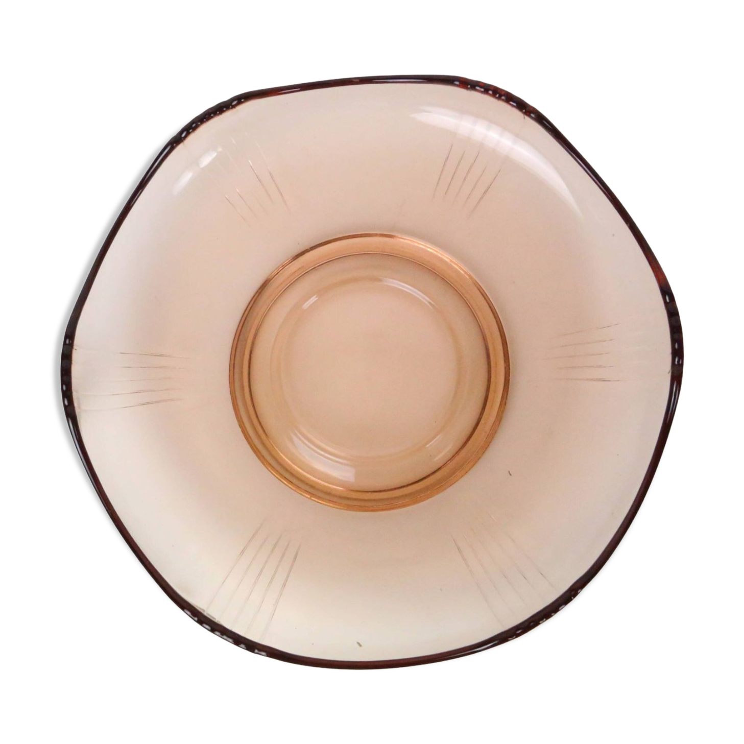Round pink glass dish, empty pocket or salad bowl, molded glass, art deco
