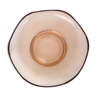 Plat rond en verre rose, vide poche ou saladier, verre moulé, art déco