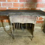Antique writing desk, blackened wooden filing cabinet.