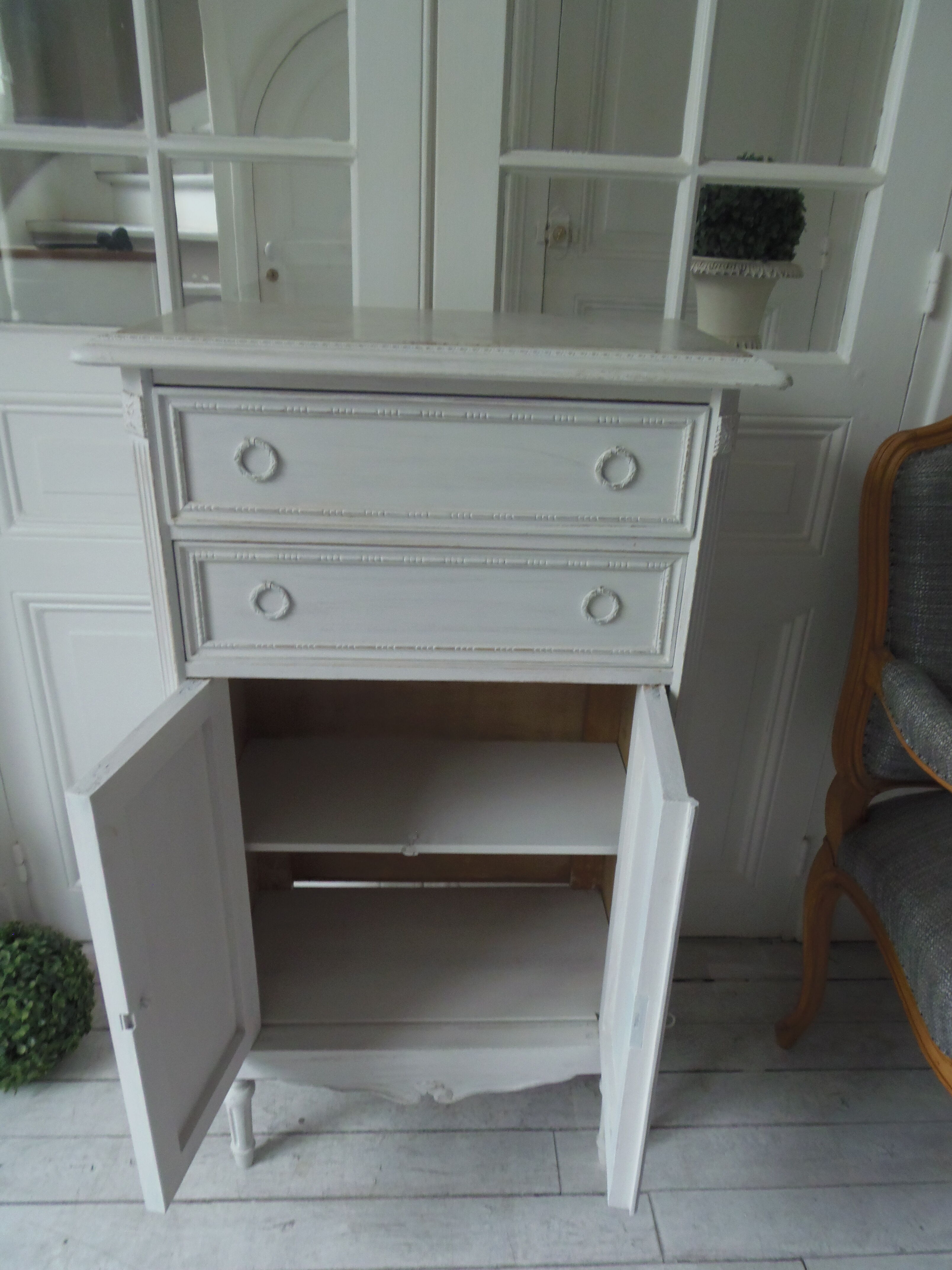 Louis XVI style furniture patinated pearl grey, marble tray