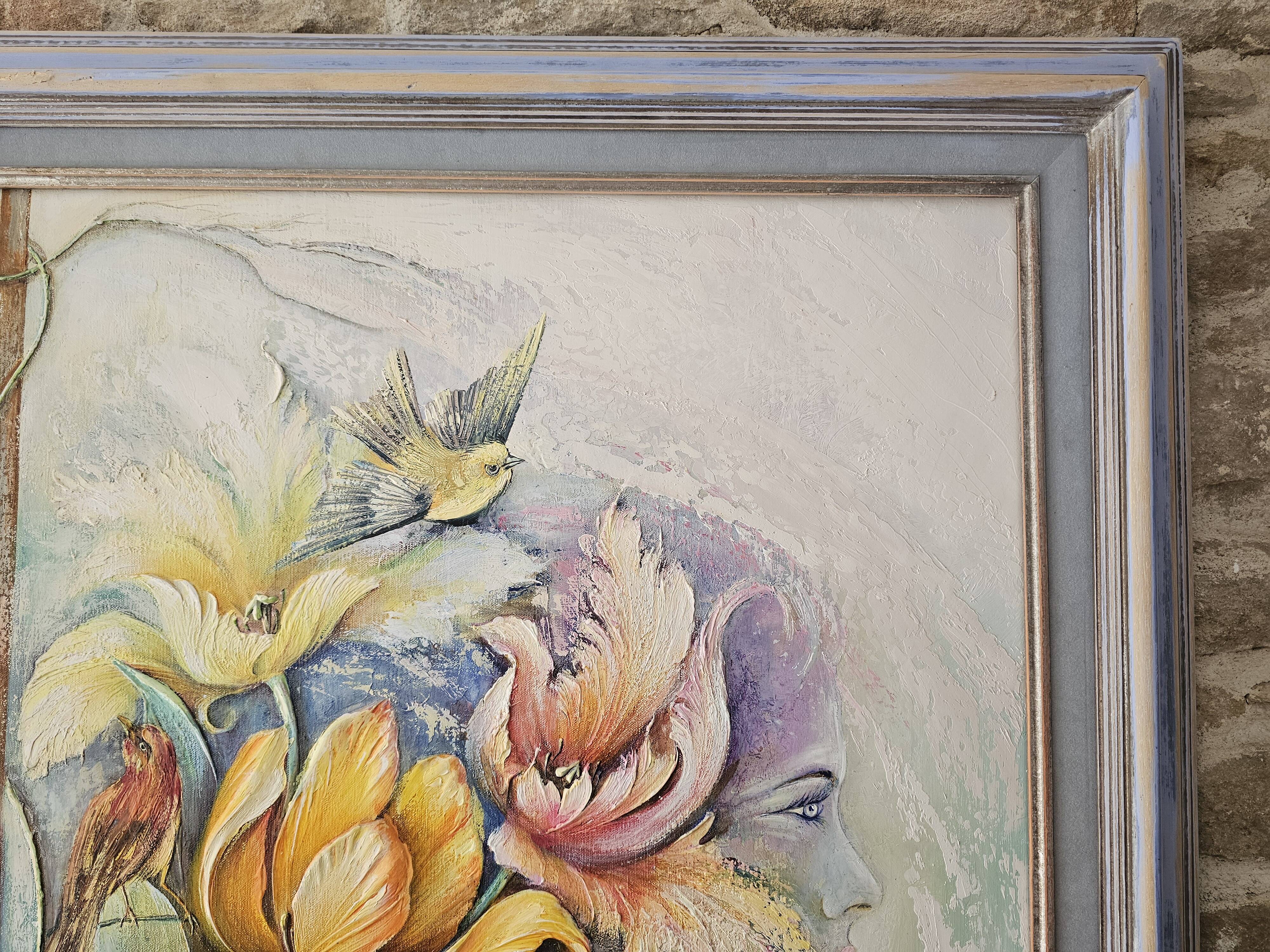 Tableau Huile sur Toile Onirique Profil féminin, fleurs, Oiseaux Michallon