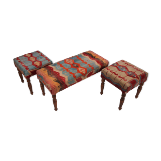 Set Of 3 Turkish Kilim Bench, Kilim Bench Upholstered With Vintage Turkish Kilim Rug, Ottoman Footst