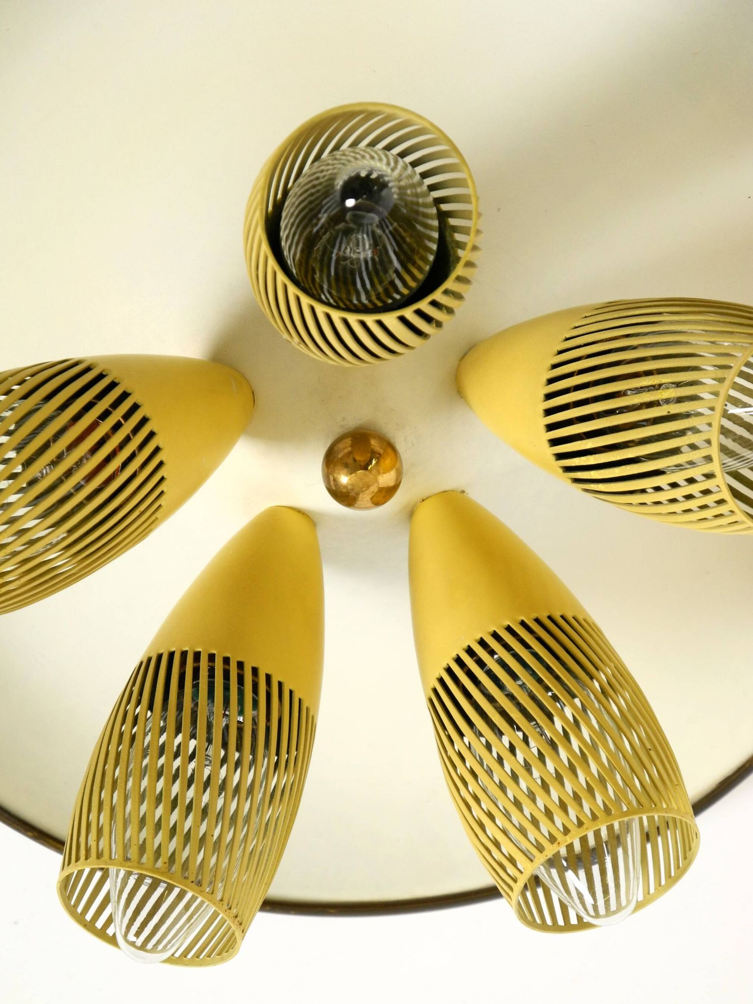 Very rare 5-arm mid-century modern metal bag ceiling lamp with round white