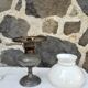 Classic pewter and opaline lamp, Les Étains de la Tour