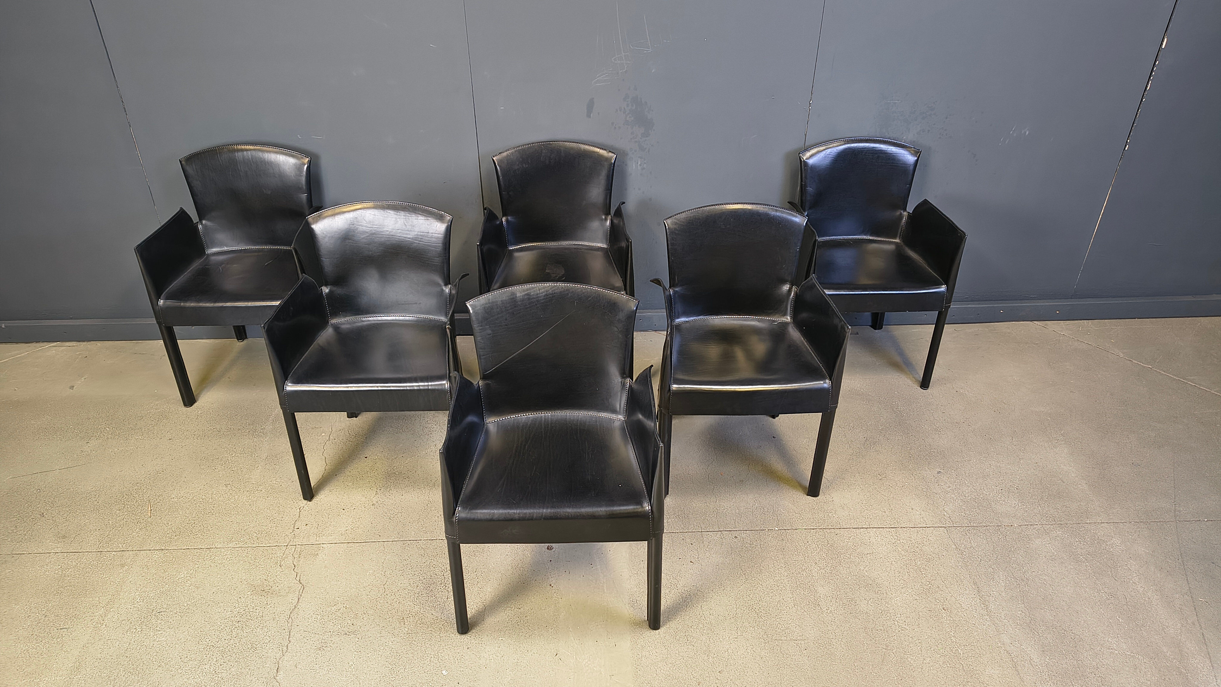 Black leather Italian dining chairs, 1980s - set of 6