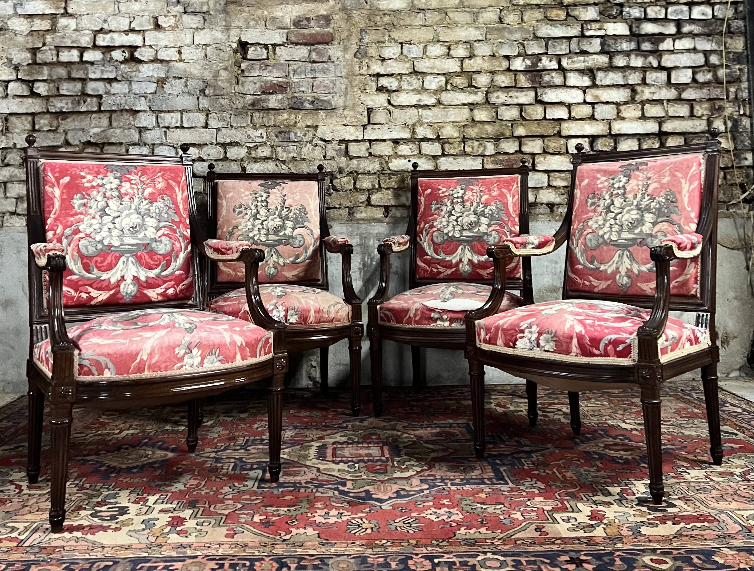 Suite of four queen's armchairs in louis xvi style mahogany xix eme century