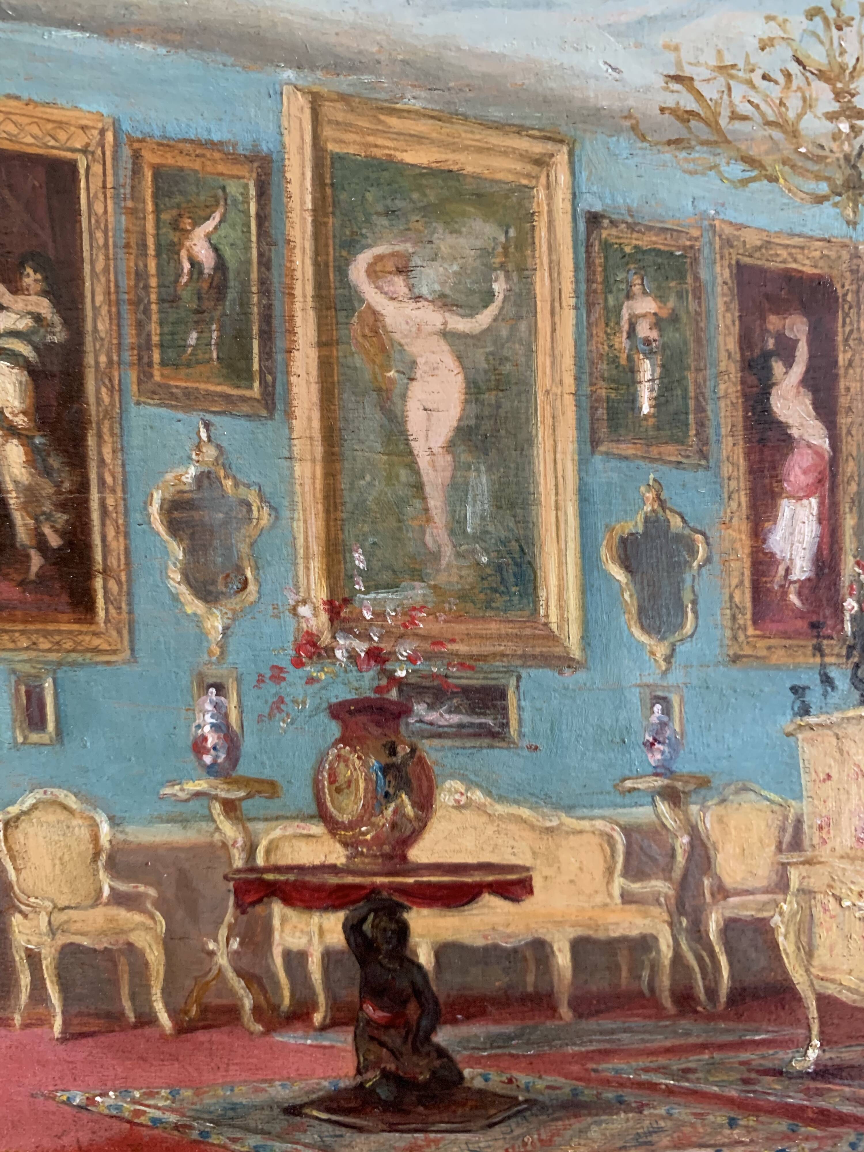 Interior Scene. Oil On Panel 19th Century