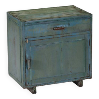 Blue bedside chest with drawer teak wood piece and original patina india
