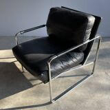 Vintage black leather armchair on metal base, 1980s