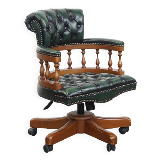 Fauteuil de bureau Chesterfield anglais vert en cuir de vachette