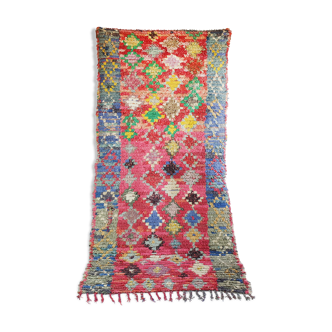 Old Moroccan hallway berber carpet woven with colorful boucherouite hand 210x90 cm