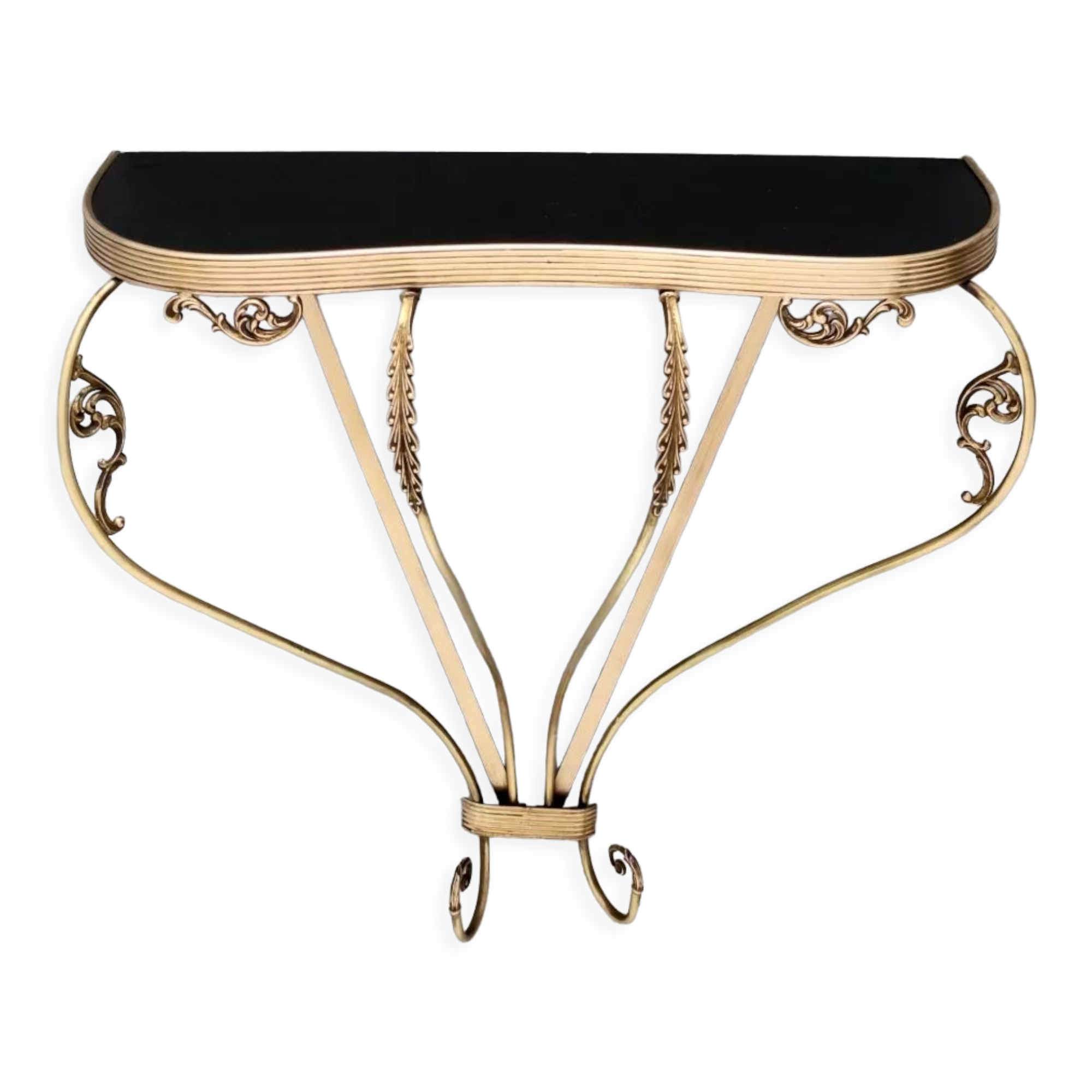 Vintage Wall Mounted Brass Console Table With Demilune Black Glass Top, Italy