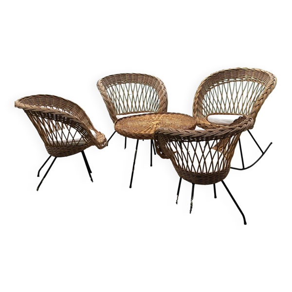 Ensemble de jardin en rotin vintage 1960