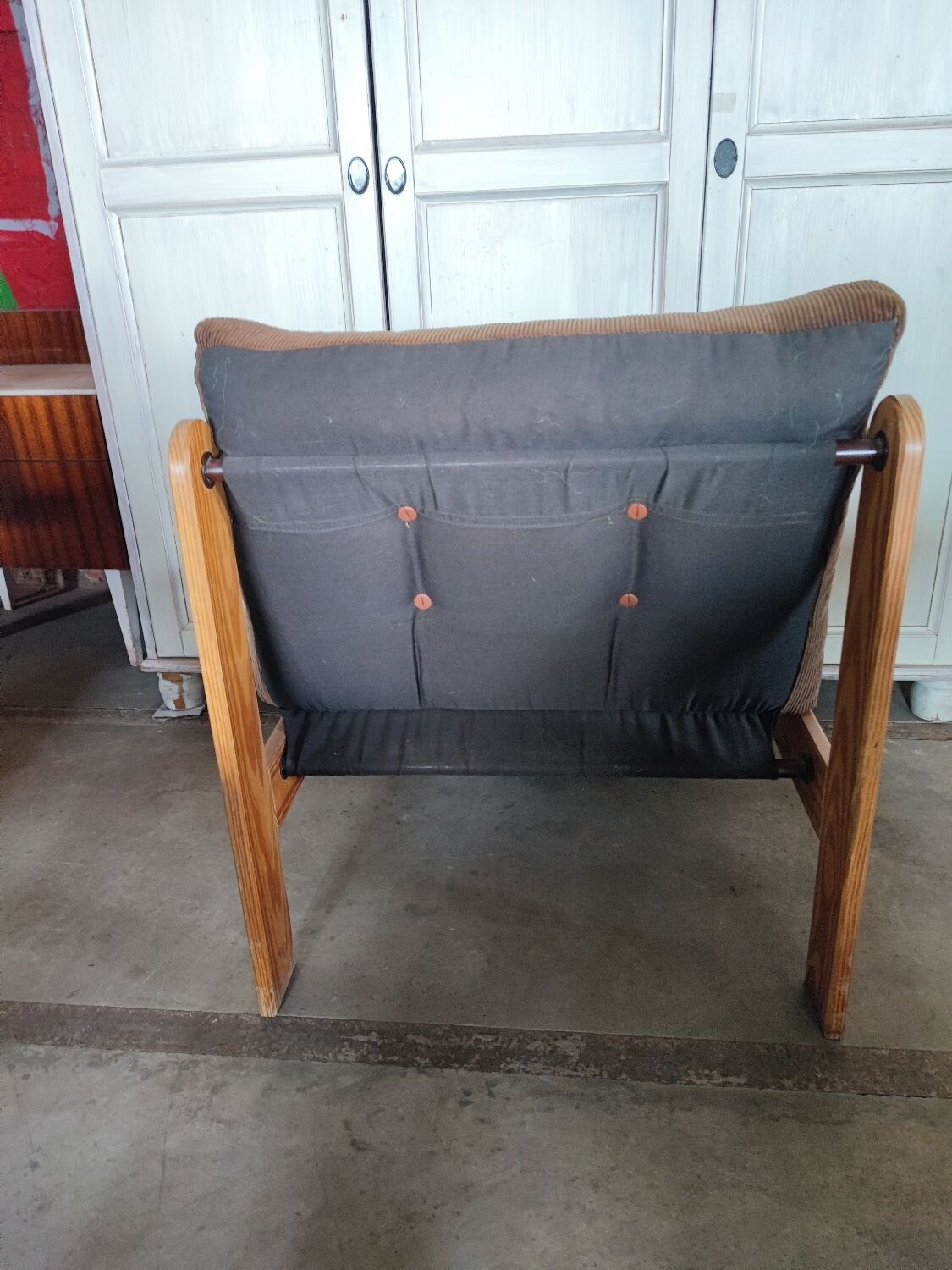 Scandinavian pine and velvet armchair