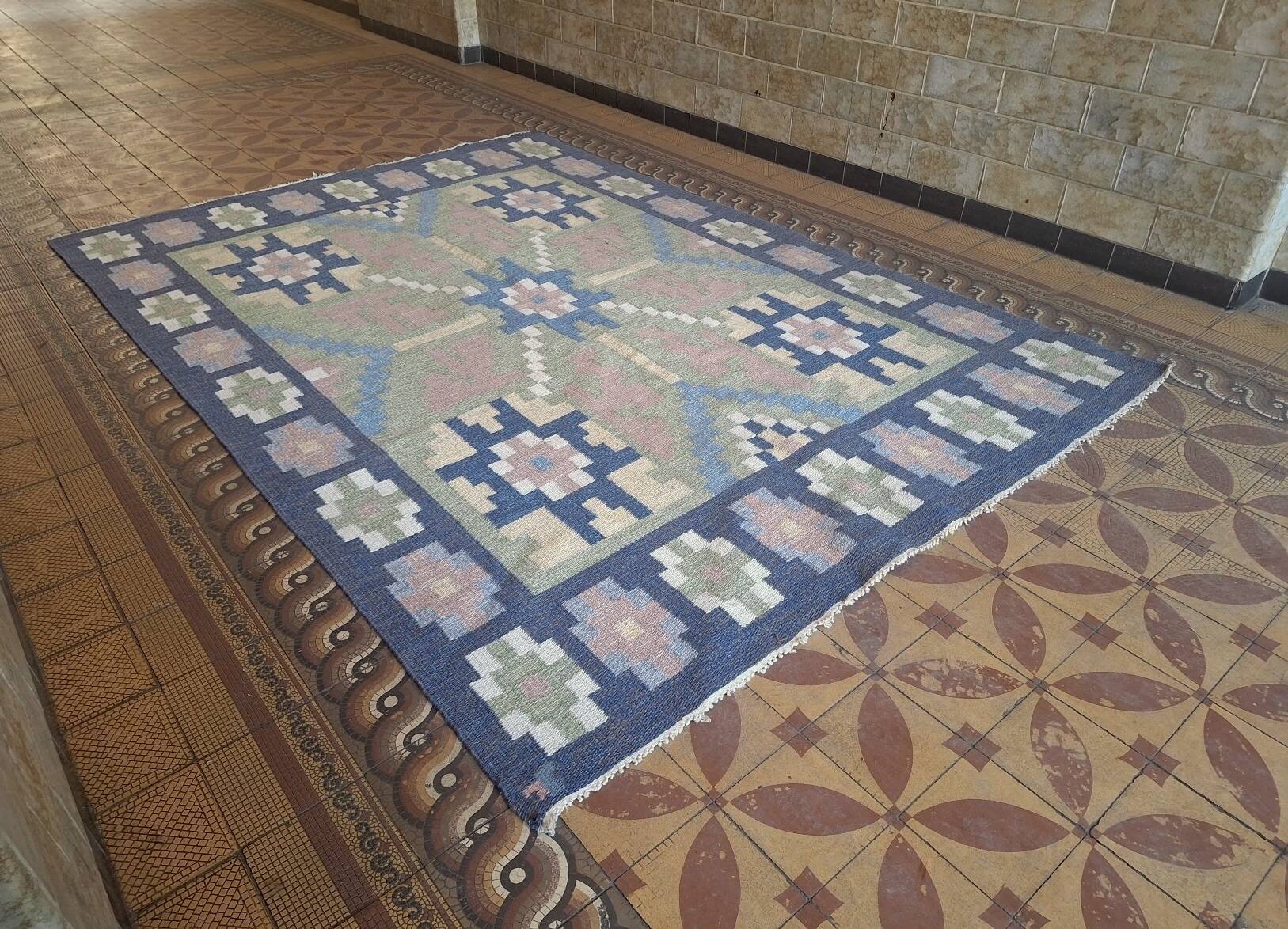 Mid century Scandinavian rug, Swedish wool flatweave with geometric design