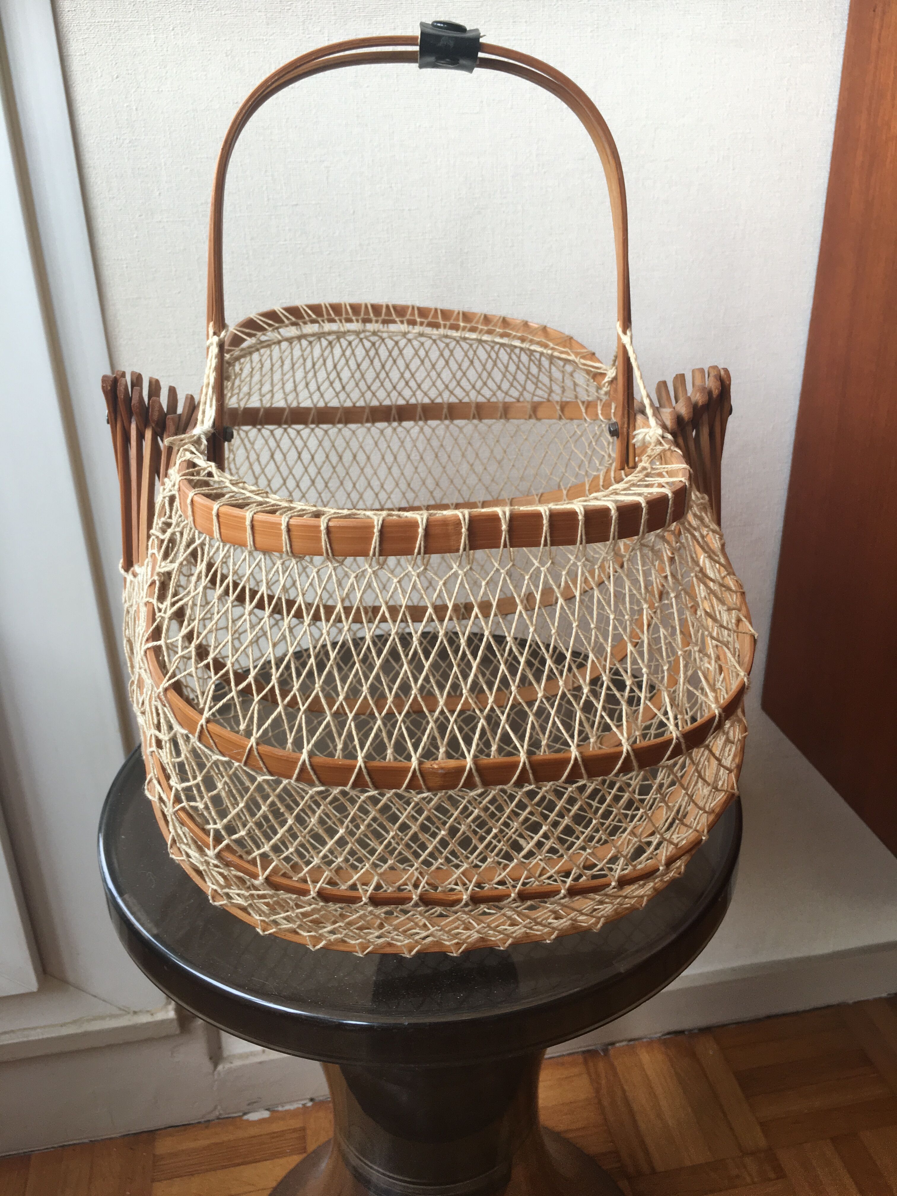 Vintage foldable basket made of bamboo and cotton threads