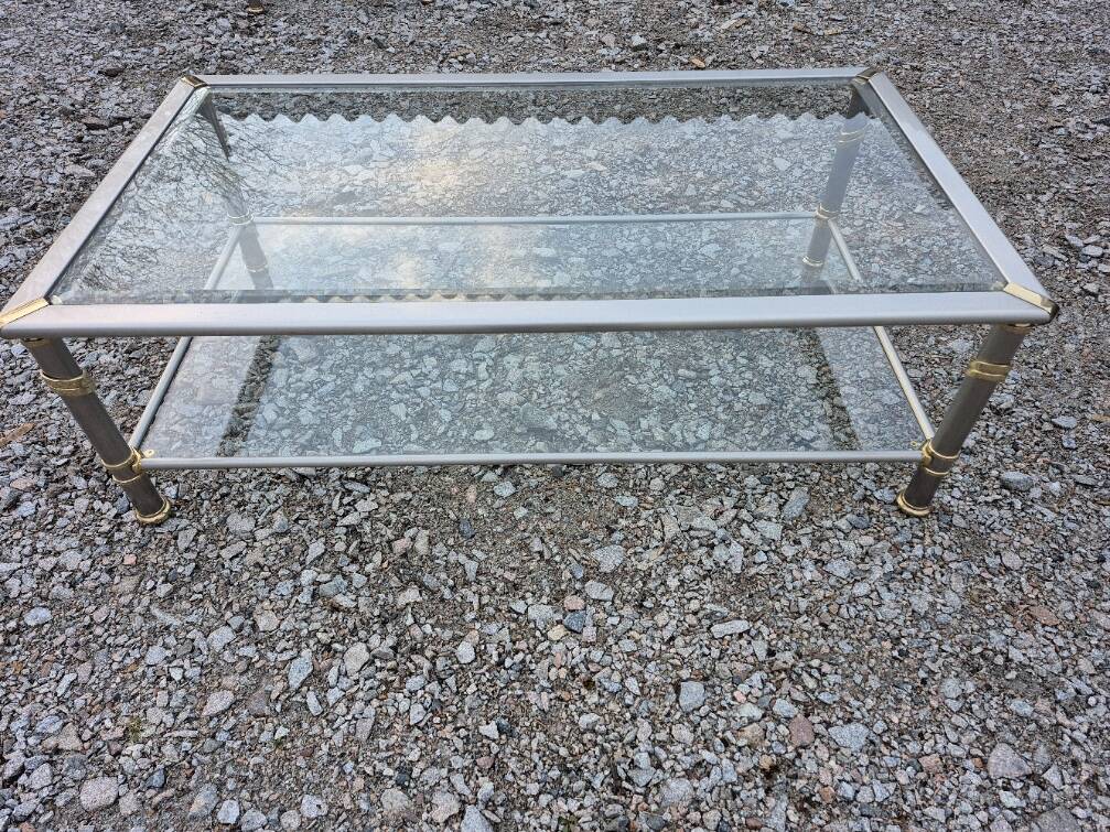 1970s living room table, brushed aluminium and gold metal, bevelled glass.