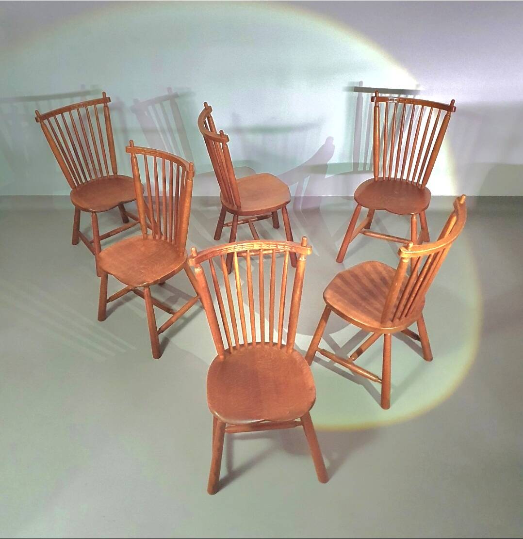 Lot de 6 chaises de salle à manger à dossier fuselé De Ster Geldermalsen en chêne massif, 1960