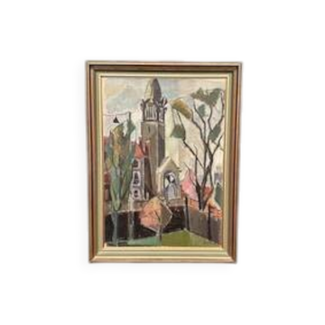Huile sur toile originale suédoise - "Vue de l'église" par Nini Landgren - Signée - Datée de 1952 - Encadrée