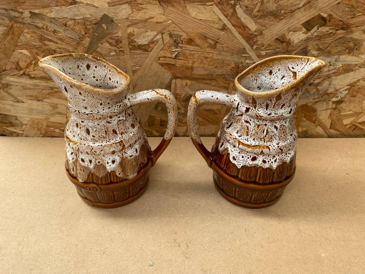 Pair Antique Brown Ceramic Barrel Shaped Pitchers Vintage