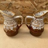 Pair Antique Brown Ceramic Barrel Shaped Pitchers Vintage