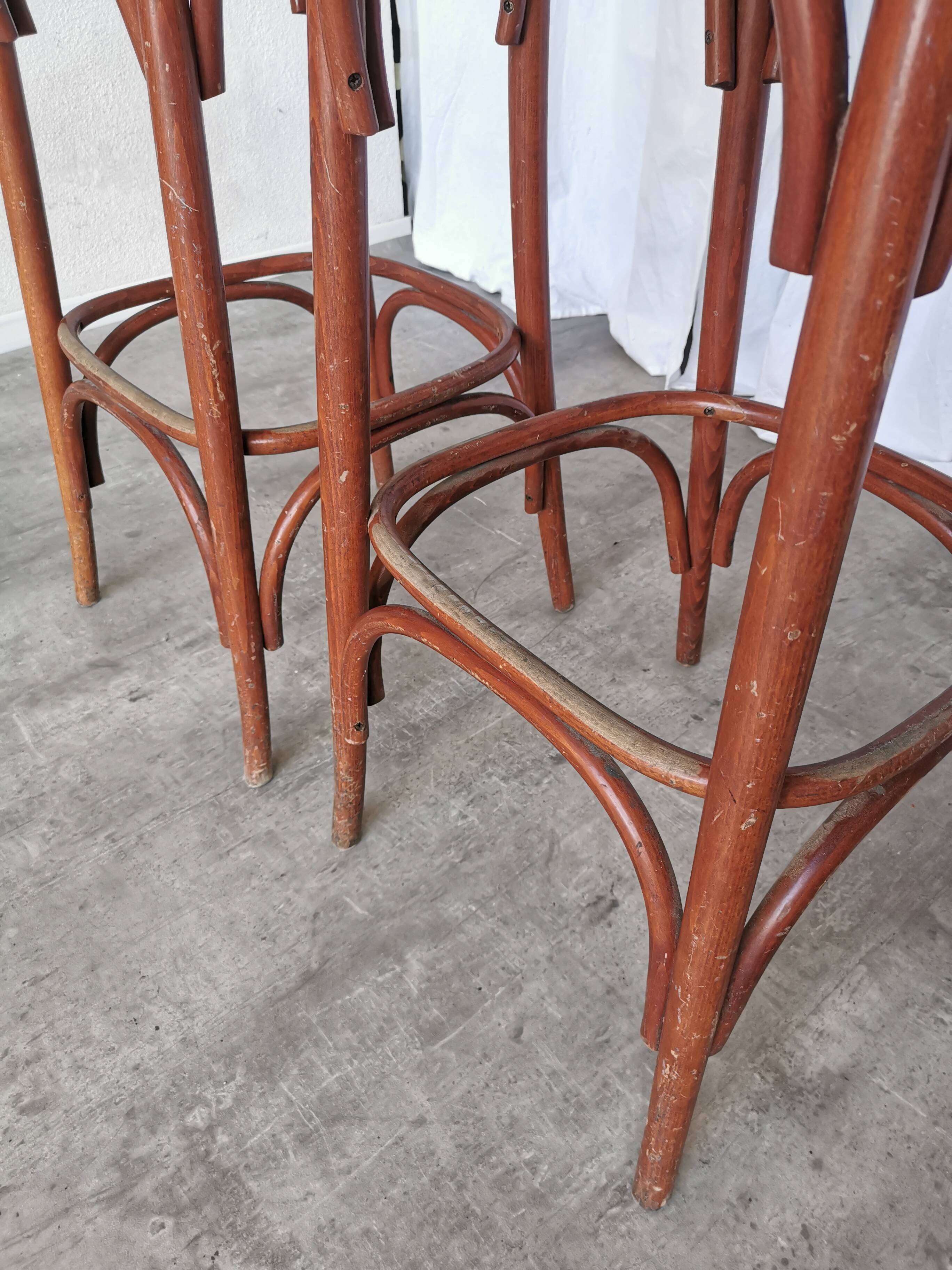 Mid-Century Thonet Style Bar Stools: Red Faux Leather Seat, Set of 2