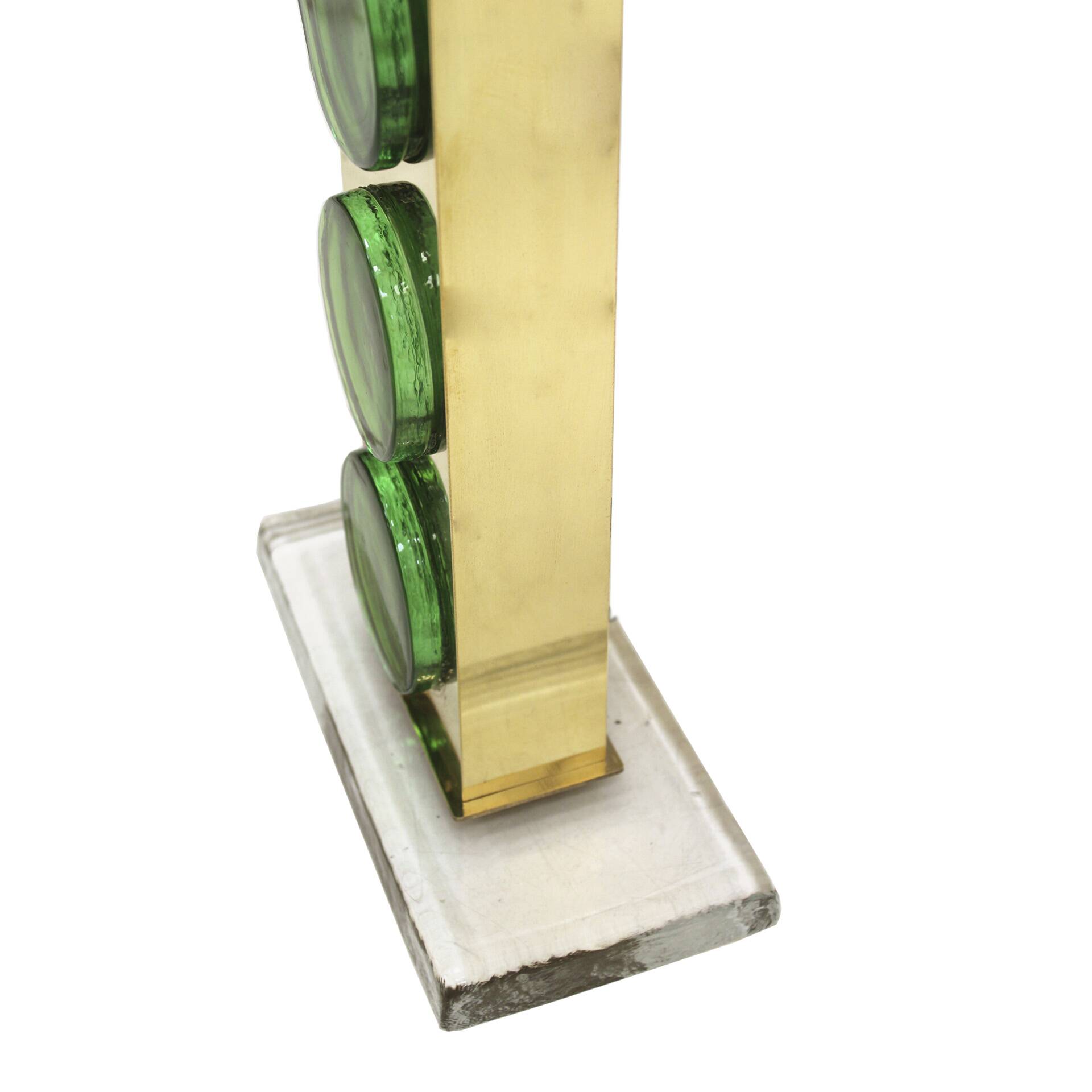 Mid Modern Style Pair of Brass Italian Table Lamps with Green Murano Glass