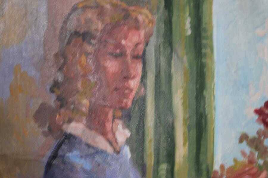Original Swedish oil on canvas – “Woman with Flowers” by Bendt Lauritzen – signed, framed 82 × 72 cm (32.3" × 28.3")