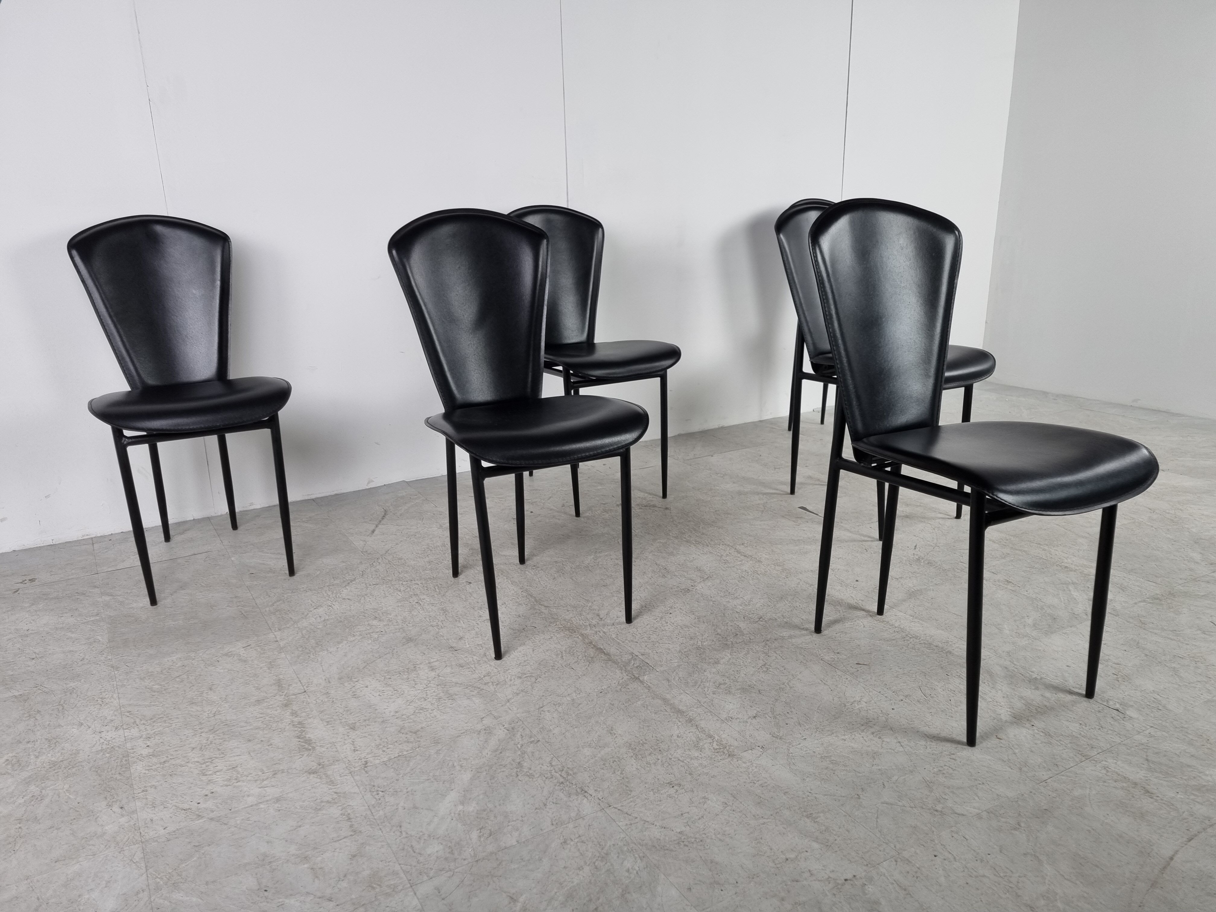 Vintage black leather dining chairs, set of 6, 1980s