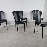 Vintage black leather dining chairs, set of 6, 1980s