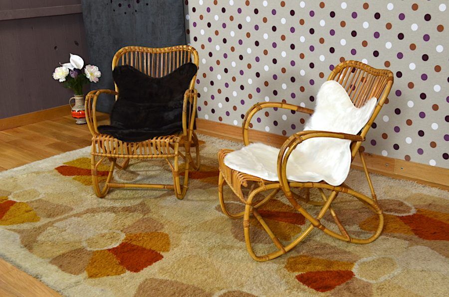 Pair of armchairs vintage rattan with skins