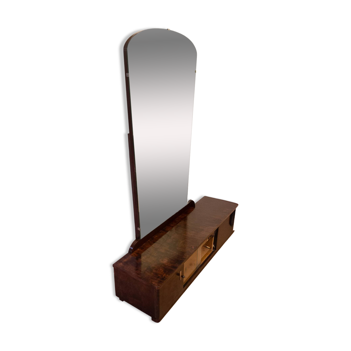 Mirror chest of drawers, flamed birch stained, vintage from the 50s