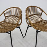 1970s pair of Alan Fuchs rattan and iron lounge chairs, Czechoslovakia