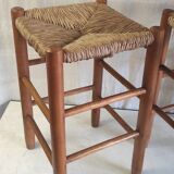 High stool in solid wood and straw - mid. 20th century