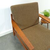 Teak Scandinavische fauteuil met bruin stoffen kussens, stoel 2